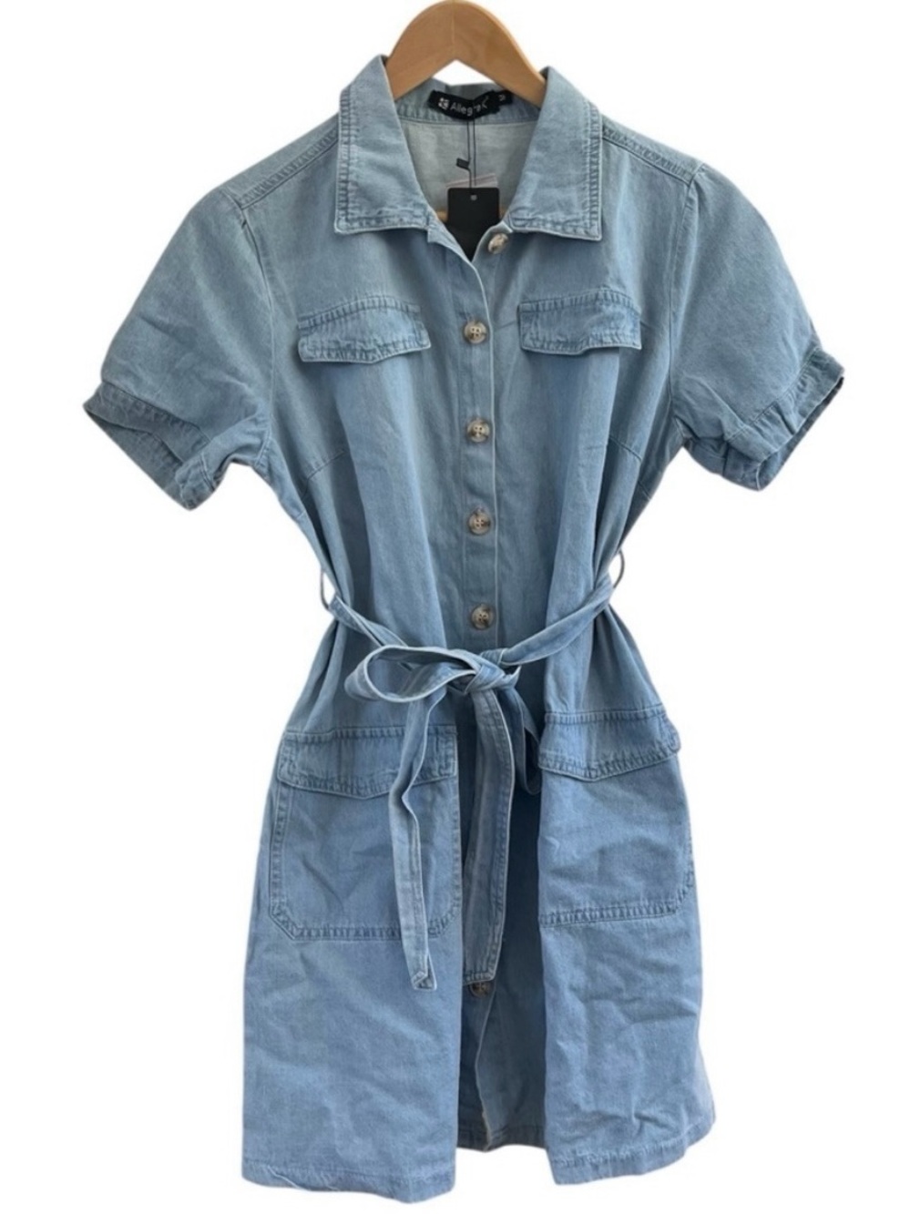 Allegra K Button Front Belted Denim Dress Light Wash Mini Medium Shirt Dress NWT
